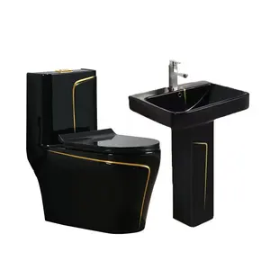 彩色陶瓷卫生洁具浴室水槽卫生间黑色金线基座盆陶瓷一体式卫生间套装