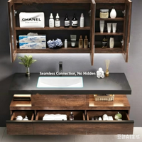 Ensemble de meubles de salle de bain sur mesure XINGRUO pour projets hôteliers, en bois d'hévéa haut de gamme avec rangement, miroir intelligent anti-buée et pierre frittée