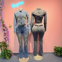 Setelan Denim lengan panjang wanita, jaket kurus trendi dua potong, Set pakaian jalanan