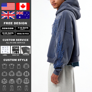 KingSen OEM <b>Men's</b> Vintage Washed Boxy Cropped <b>Pullover</b> Hoodie Oversized Heavyweight Cotton Distressed Applique Studs Streetwear - Product Image 2