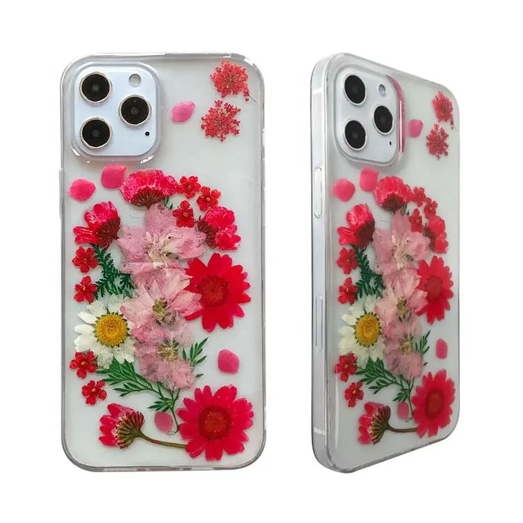 Epoksi preslenmiş gerçek çiçek cep IPhone iPhone kılıfları X XS XR 12 11 Pro Max Samsung için Huawei için