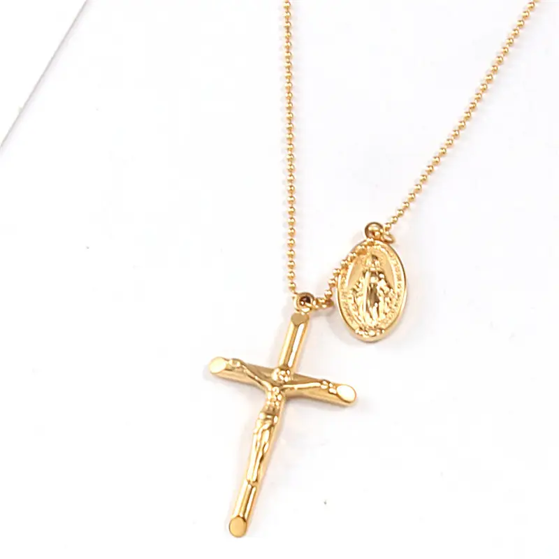 Oro Vintage placcato 18k in acciaio inox Vintage preghiera religiosa cristiana gesus ovale croce rosario ciondolo collana gioielli