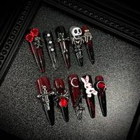 Lot de 10 faux ongles à presser, style stiletto gothique, avec motifs Halloween, crâne, rose, croix, araignée, faits à la main, vente en gros, dropshipping