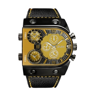 OULM-Reloj de pulsera de cuarzo para hombre, cronógrafo deportivo con correa de cuero, 3 zonas horarias, color negro, 9315 - Product Image 1