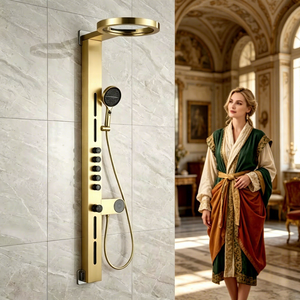 Ensemble de <span class=keywords><strong>douche</strong></span> multifonctionnel en cuivre de conception <span class=keywords><strong>italienne</strong></span> avec douchette pluie et douchette lombaire, finition or brossé - Product Image 1