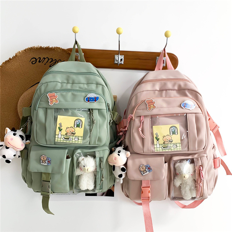 Set Zaino Scolastico Kawaii Con Astuccio E Ciondolo - Borsa Estetica In Nylon Per Ragazze, Scuola Media, Viaggi E Uso Quotidiano, 43x31x13 Cm