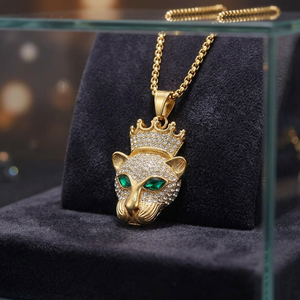 Collier pendentif tête de léopard plaqué or avec micro-incrustation de zircon, chaîne hip-hop, bijoux pour hommes et unisexe - Product Image 2