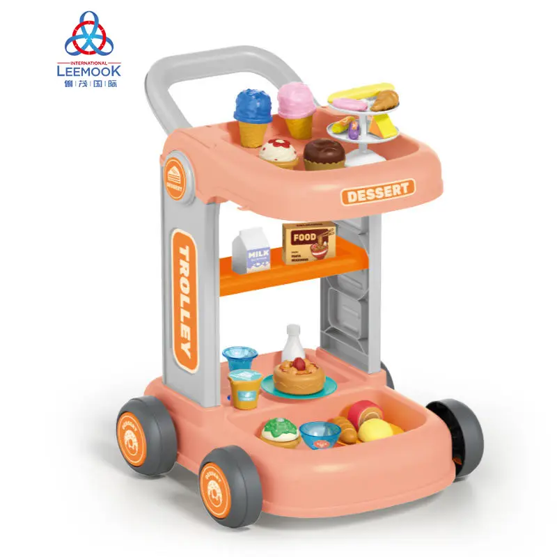 Leemook 2023 neu 45-teilig kunststoff lebensmittel kuchen spielzeug desserts auto-set süßes eis dessert künstlichen trolley-wagen spielzeug für kinder