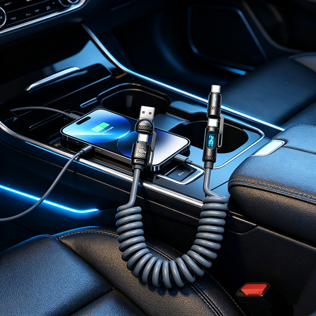 OEM New Arrival Coiled Spring USB Cable 4 in 1 240W PD Fast Charging Data Cable With LCD Power Display Multi Function for Phone