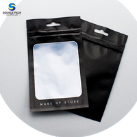 Sacs plats zip-lock noirs avec impression personnalisée et logo Outils de maquillage cosmétiques refermables Sachets d'emballage en mylar à fermeture éclair avec fenêtre