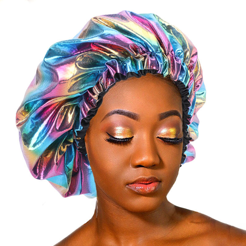 Tendance 2021 100% Soie Cheveux Réglable Double Couche Ankara Satin Grande Laser Bonnets Avec Bande Élastique Faible Quantité M