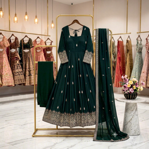 Élégant ensemble Anarkali vert brodé en rayonne avec dupatta, longueur ras du sol, tenue traditionnelle indienne et pakistanaise pour femme, coupe décontractée - Product Image 1