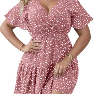 Femmes grande taille col en v a-ligne robe courte décontracté élégant Sexy Mini coton manches courtes avec ourlet à volants été - Product Image 4