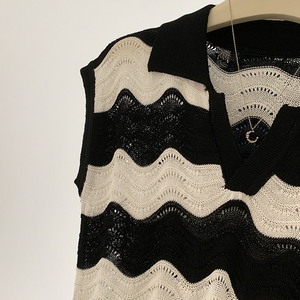 T-Shirt con collo <span class=keywords><strong>a</strong></span> Polo <span class=keywords><strong>a</strong></span> <span class=keywords><strong>righe</strong></span> ondulate in bianco <span class=keywords><strong>e</strong></span> nero camicetta da <span class=keywords><strong>donna</strong></span> Casual Chic senza maniche camicia elegante Top - Product Image 6