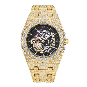 Lujo Bling Hip Hop Full Diamond Iced Out Relojes Hombres Muñeca Oro Esqueleto Mecánico Reloj automático