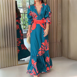 2025 automne mode bouton col en v profond décontracté <span class=keywords><strong>Maxi</strong></span> robe à manches longues feuilles imprimer élégant longue robe - Product Image 5