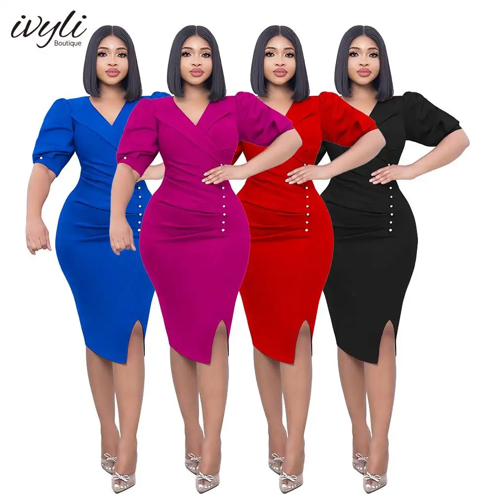 Wholesale Plus Size Career Official DressesFor Ladies Women Office Wear Business Dress Formal Work Dress V-neck Slim Hip Dress