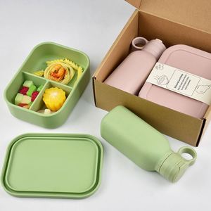 School Portable 750Ml 3 Compartment Leakproof Bpa Free Silicone <b>Lunch</b> Box Water Bottle <b>Set</b> Microwavable Heatable Kids - Product Image 1