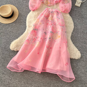 Vestidos de Mujer, Vestido Floral Estilo Francés para Vacaciones, Cuello en V, Manga Larga, Cintura Ajustada, Línea A, Vestido Plisado Elegante, Moderno y Casual para Mujer - Product Image 4