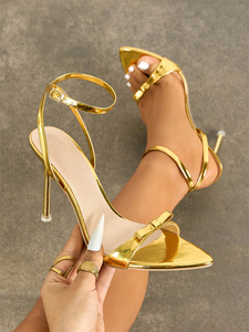 <span class=keywords><strong>Sandali</strong></span> Donna Oro Champagne con Tacco a Spillo, Motivo a Fiocco, Punta Affusolata e Cinturino alla Caviglia, Scarpe Eleganti <span class=keywords><strong>da</strong></span> Festa - Product Image 4