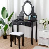 Ensemble de coiffeuse moderne en bois pour chambre à coucher, avec miroir ovale rotatif à 360°, 5 tiroirs de rangement, finition peinte et siège rembourré