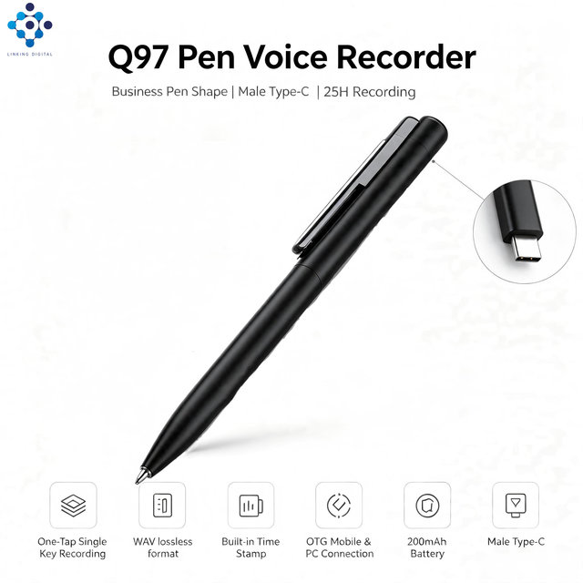 Q97 Voice Activated Digital Voice Recorder with Black Pen Password Protection TYPE C Connector WAV Format