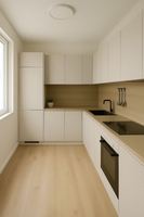 Meubles de cuisine contemporains ouverts de style artisanal, beige, sans poignées, avec appareils électroménagers intégrés, design antique, crédence en contreplaqué et évier
