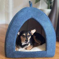 Lit-cave pour chien et chat, personnalisé avec logo du fabricant, portable, moderne, mignon, doux, lavable, en denim bleu, en peluche, pour l'hiver, maison pour animaux de compagnie