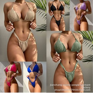 Ensemble de <span class=keywords><strong>bikini</strong></span> blanc uni avec logo personnalisé, haut halter et bas brésilien froncé pour femme, maillot de bain de plage - Product Image 2