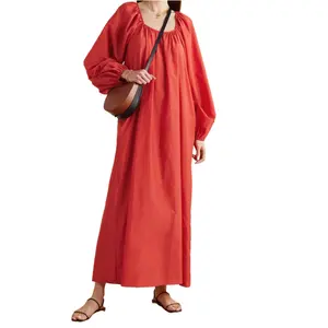 2022 Summer OEM Oversized Organic Cotton And Silk-blend Lantern Sleeve Loose Long Maxi Plus Size Women Casual Dresses