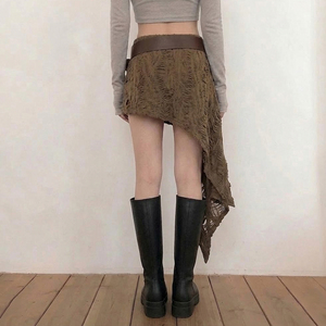 Falda Asimétrica Desgastada para Mujer, Falda Cruzada Marrón Vintage con Dobladillo sin Rematar, Estilo Boho Chic, Nueva Llegada 2026 - Product Image 5