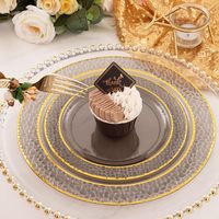 Assiettes de présentation transparentes en plastique de luxe, durables et écologiques, réutilisables, avec bord doré ou argenté, pour fêtes, mariages et dîners