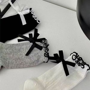 Women's Summer Breathable Slouch <b>Socks</b> With Bow Heel Japanese Style JK Cotton White <b>Black</b> Gray - Product Image 3