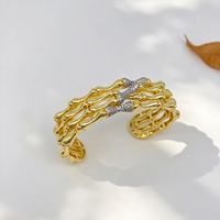 Ensemble de Bracelet et Bague en Laiton Bicolore Style Bambou Plaqué Or 18K avec Micro-Pavé de Zirconium – Cadeau de Mariage et Fiançailles de Luxe – Vente en Gros