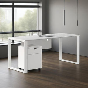 Moderner weißer Doppel-Arbeitsplatz-Büroschreibtisch mit Sichtschutz und Rollaufbewahrung - Product Image 2