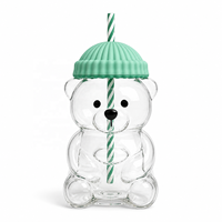 Vente en gros de tasses de Noël en verre borosilicate de haute qualité avec couvercle en silicone, motif ours de dessin animé, pour café, avec couvercle en silicone