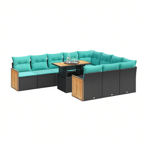 Ensemble de canapés de patio en polyrotin noir et acacia, 11 pièces, mobilier d'extérieur modulaire avec coussins - Product Image 1