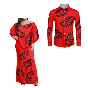 प्रेमियों मिलान जोड़ों के कपड़े पोलेनीशियाई Cyathea Dealbata प्रिंट मैक्सी पोशाक मैच पुरुषों की शर्ट वैलेंटाइन्स दिवस उपहार के लिए महिलाओं
