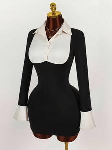 Viviblook Z309ST04 Vestido Nuevo para Mujer, Sexy y Elegante, Cintura Ajustada, Cuello Solapa, Bloques de Color, Vestido Ajustado para Fiesta - Product Image 3