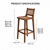Tabourets de bar vintage modernes en bois massif avec corde tressée, sans accoudoirs, avec repose-pieds, pour îlot de cuisine, comptoir, bar à domicile, café, hôtel, restaurant