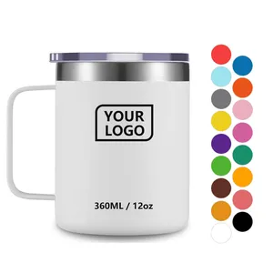 Custom Logo 12oz Stainless Steel Double Wall Insulated Thermal Camping Travel Coffee Mug With Handle