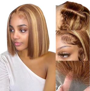 วิกผมบ๊อบสั้น 5x5 โปร่งใส  แบบมีเชือกผูกด้านหน้า  <span class=keywords><strong>ผม</strong></span>แท้เรมี่  ไฮไลท์สี 4/27  ขนาด 10-12 นิ้ว  ไม่ต้องใช้กาว  หนาแน่น 150% - Product Image 1