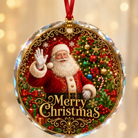 Adorno Navideño Redondo de Cristal de 8x8cm con Cordón Rojo, Diseño de Papá Noel Impreso con UV, Decoración Colgante para Ventana