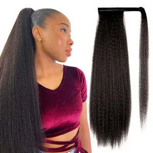 AliLeader 22inch Afro Kinky Yaki Straight Pony Tail Extension Wrap Around Heat Resistant Synthetic Hair Ponytail for Black Women