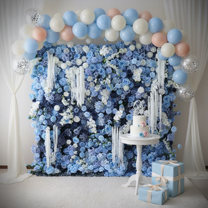ฉากหลังดอกไม้ประดิษฐ์ดีไซน์ใหม่ ขนาด 8 ฟุต x 8 ฟุต สีฟ้า ดอกเบญจมาศ ไฮเดรนเยีย กุหลาบ สำหรับตกแต่งงานเลี้ยงฉลองเด็กแรกเกิด - Product Image 1