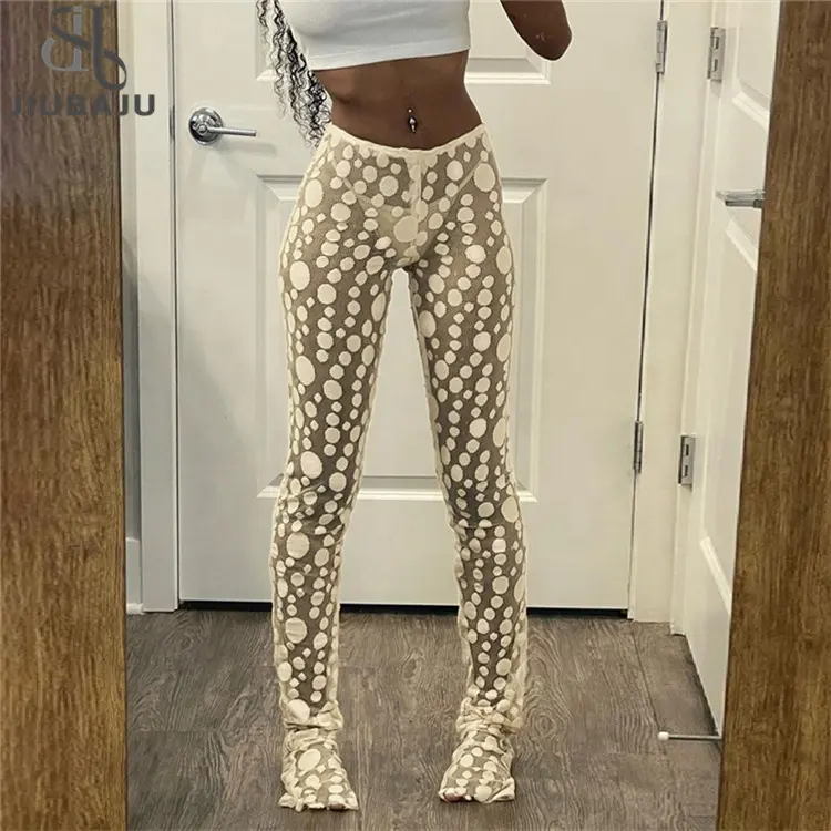 Dots Embroidered Mesh Sheer Floor Length Pants Women Casual Mid-waist Stretch Skinny Trousers