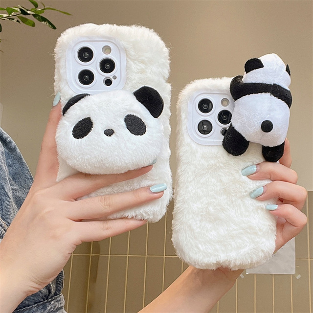 Plush Faux Fur Shockproof Phone Case for 13/14/15/16/Panda/Cute Girl Cartoon Cover