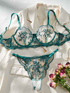 Green Floral Embroidery Lingerie <b>Set</b> <b>Sexy</b> Sheer Mesh Underwire Bra and Thong Panties <b>Set</b> 2 Piece Bow Lace Intimates <b>Set</b> OEM ODM - Product Image 2