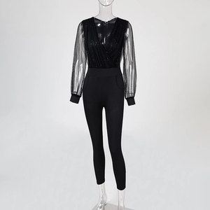 Nouvelle mode barboteuses pour femmes noir élégant <span class=keywords><strong>paillettes</strong></span> maille <span class=keywords><strong>paillettes</strong></span> fête nuit Sexy col en v pantalons longs une pièce <span class=keywords><strong>combinaison</strong></span> - Product Image 5