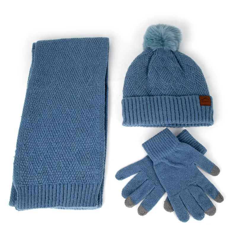 Женский зимний трикотажный длинный шарф и перчатки для сенсорного экрана, шапка на флисовой подкладке с помпоном